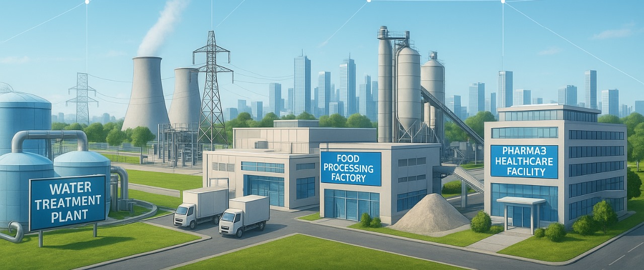 Industrial banner showcasing sectors served by Vision World Tech Pvt. Ltd. such as cement, power, pharma, and food processing with water monitoring and STP solutions.